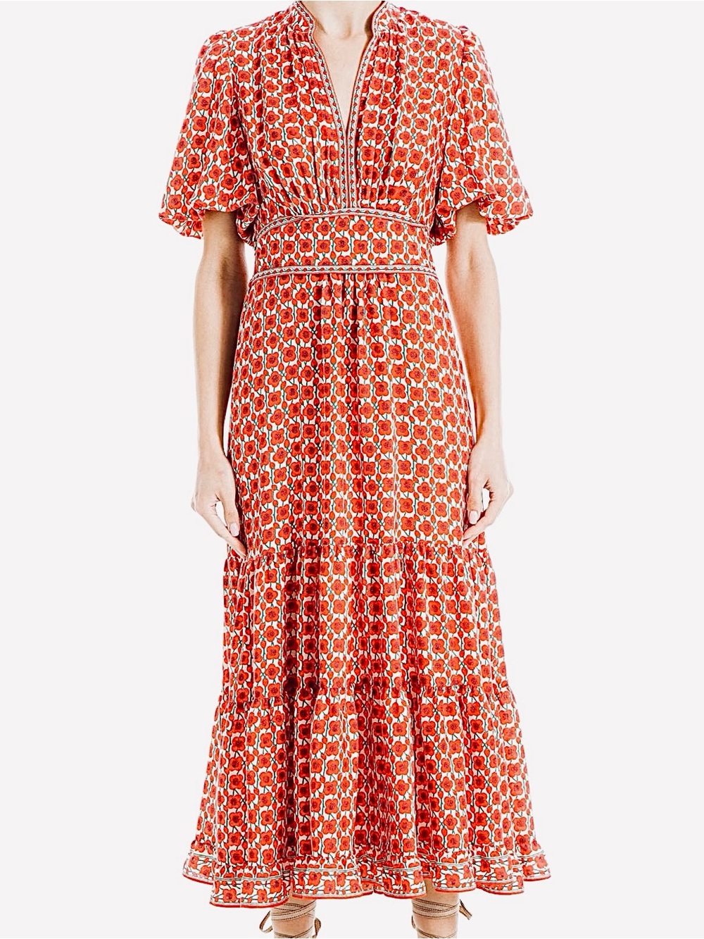 Max Studio Puff Sleeve Tiered Maxi Dress Poppy Floral Print Size Small - Picture 2 of 15